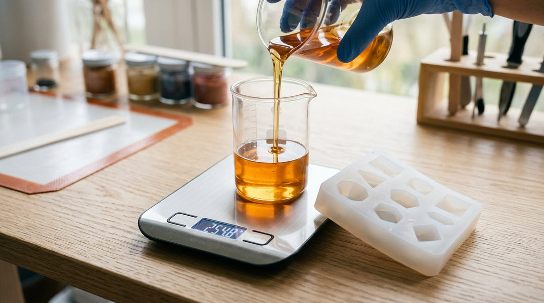 Measuring epoxy resin and hardener into graduated cups beside a frosted-white silicone mold