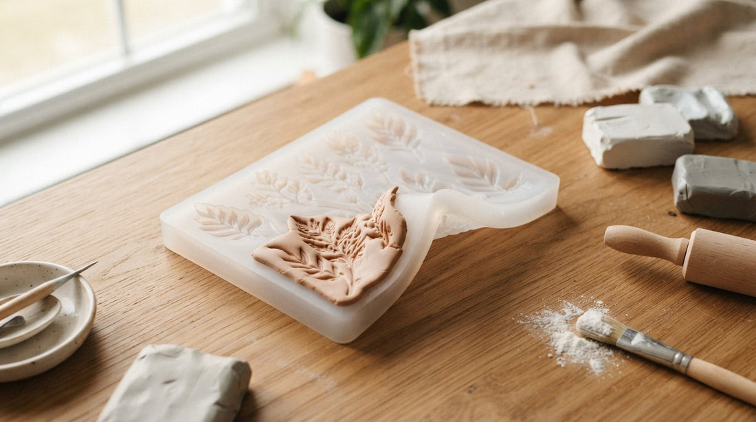 Best clay for silicone molds — polymer, air-dry and epoxy clay beside a frosted silicone mold