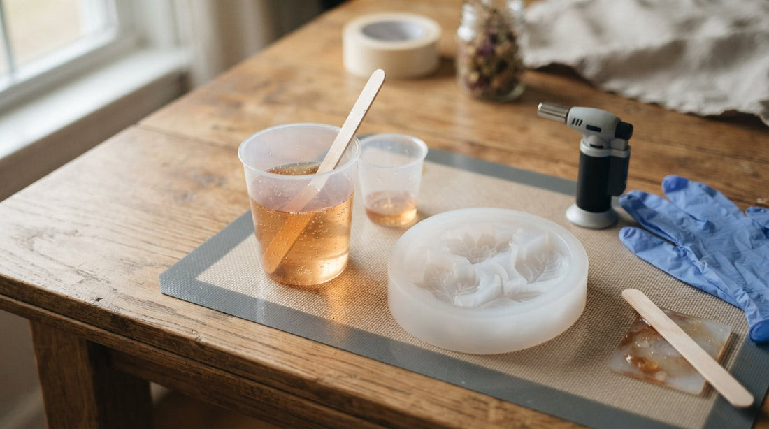 A tidy resin workspace with mixing cups and tools beside a soft translucent white silicone mold