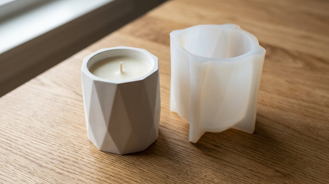 A smooth bubble-free cast candle jar beside a soft translucent white silicone mold
