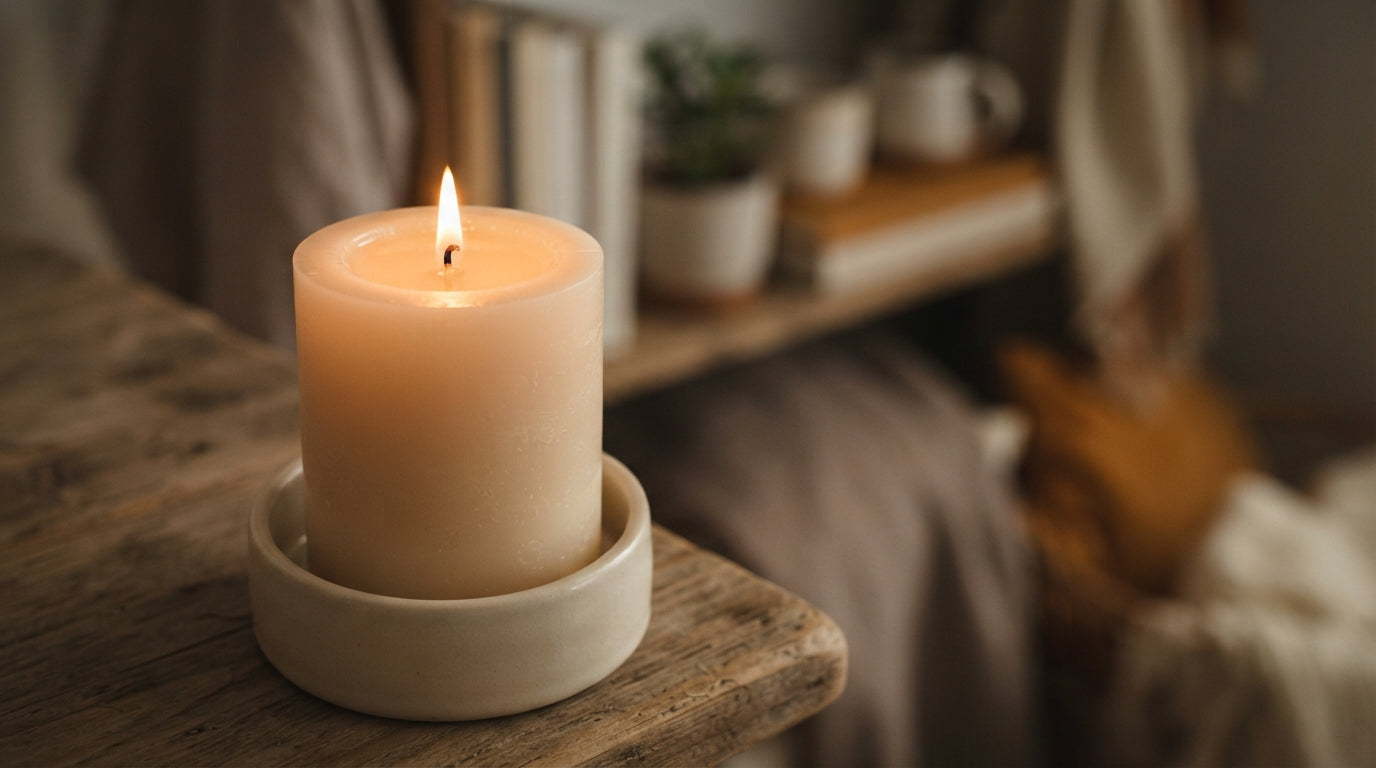 A lit homemade pillar candle with a full edge-to-edge melt pool on a pale cast candle holder