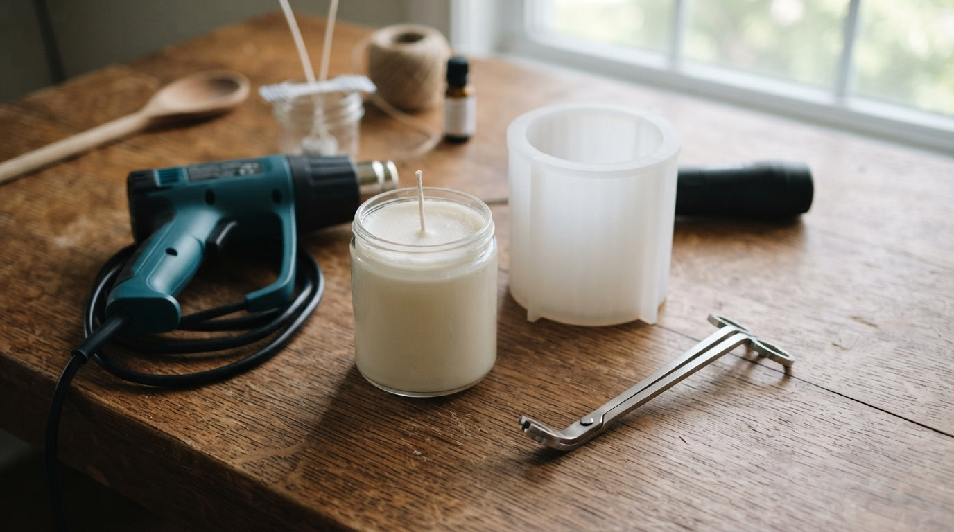 A candle with surface flaws beside a soft translucent white silicone candle mold