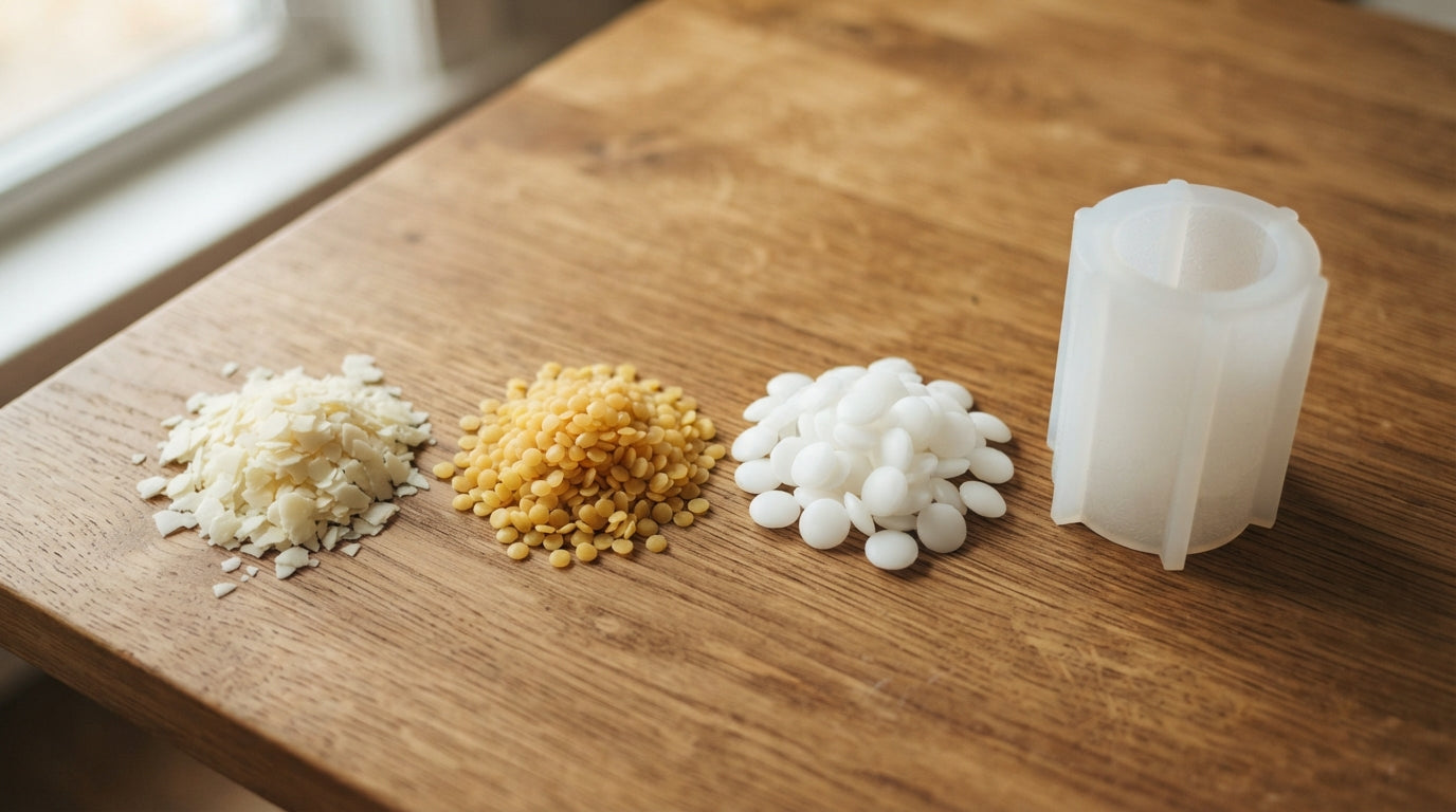 Soy flakes, beeswax and paraffin candle wax beside a soft translucent white silicone mold