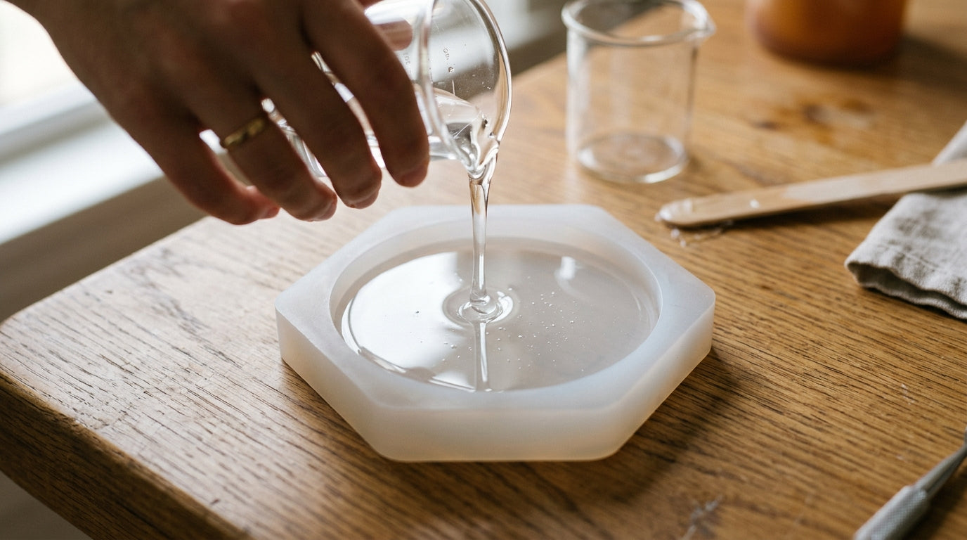Clear casting resin poured into a soft translucent white silicone mold on a craft table