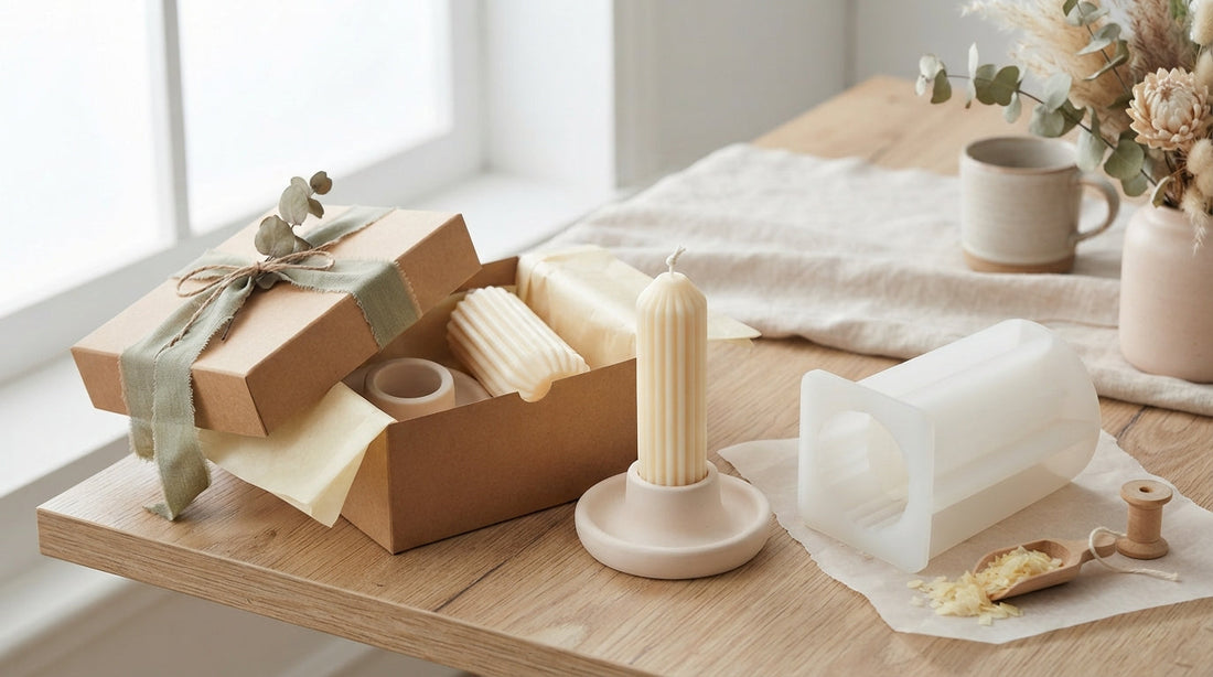 A handmade candle gift set with a molded pillar candle, a cast holder, and kraft packaging tied with ribbon