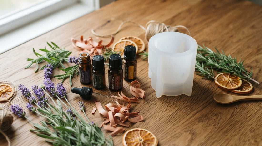 Essential oil bottles, lavender and rosemary for candle blends beside a soft translucent white silicone mold