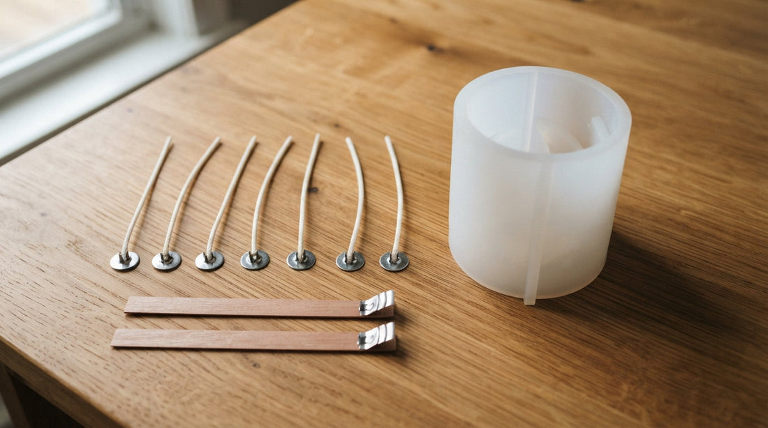 A selection of cotton and wooden candle wicks beside a soft translucent white silicone candle mold