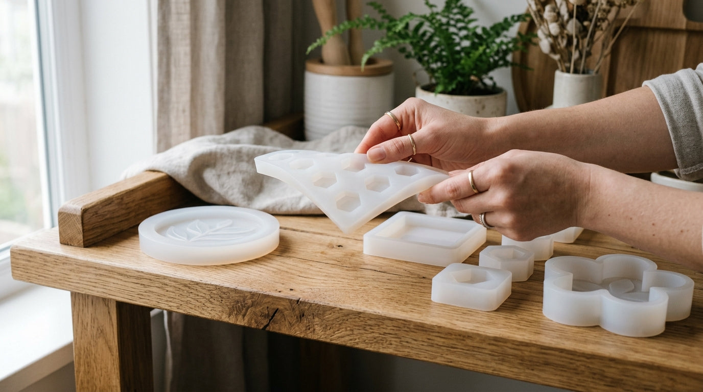 Clean soft translucent white silicone molds stored neatly, out of direct sunlight