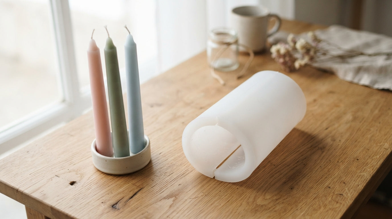 Softly colored taper candles beside a soft translucent white silicone candle mold