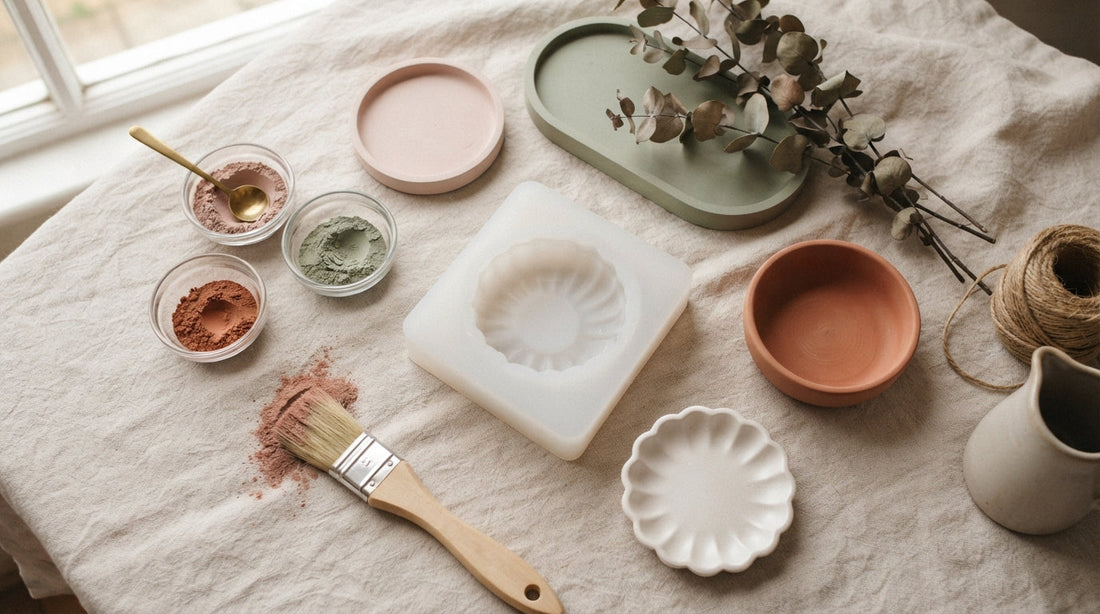 Colored plaster pieces with pigment dishes and a soft silicone mold