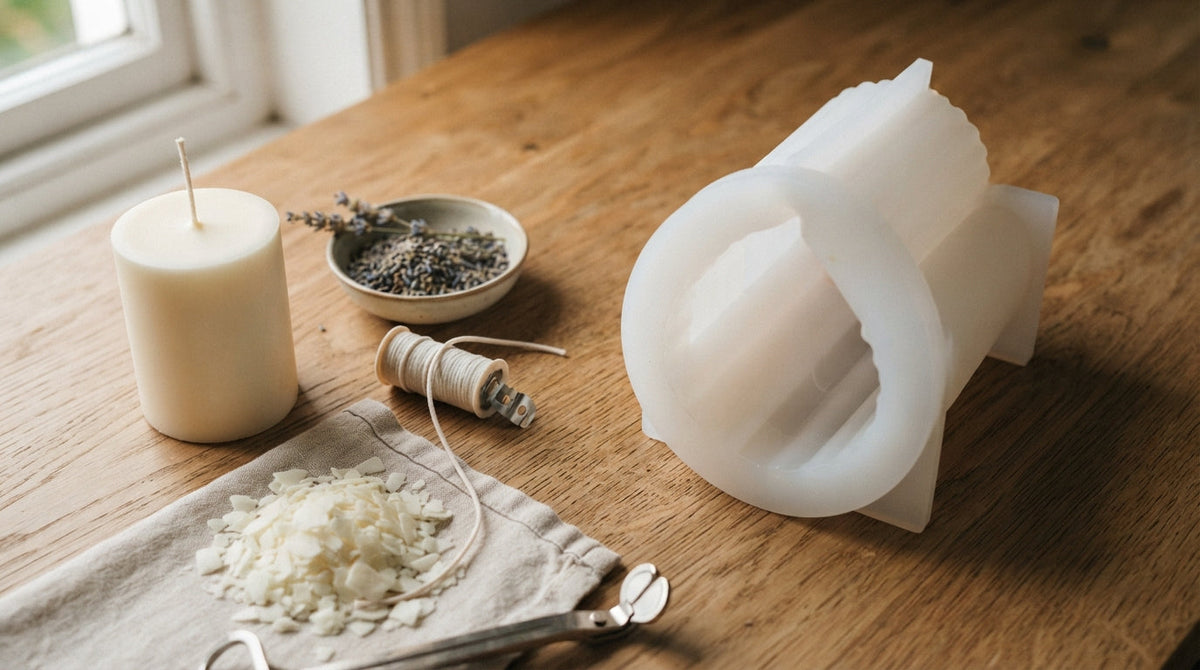 A finished homemade candle beside wax flakes, a wick, and a soft translucent white silicone mold