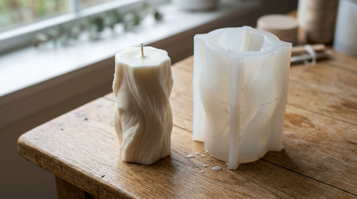 A finished sculptural pillar candle beside a soft translucent white silicone candle mold
