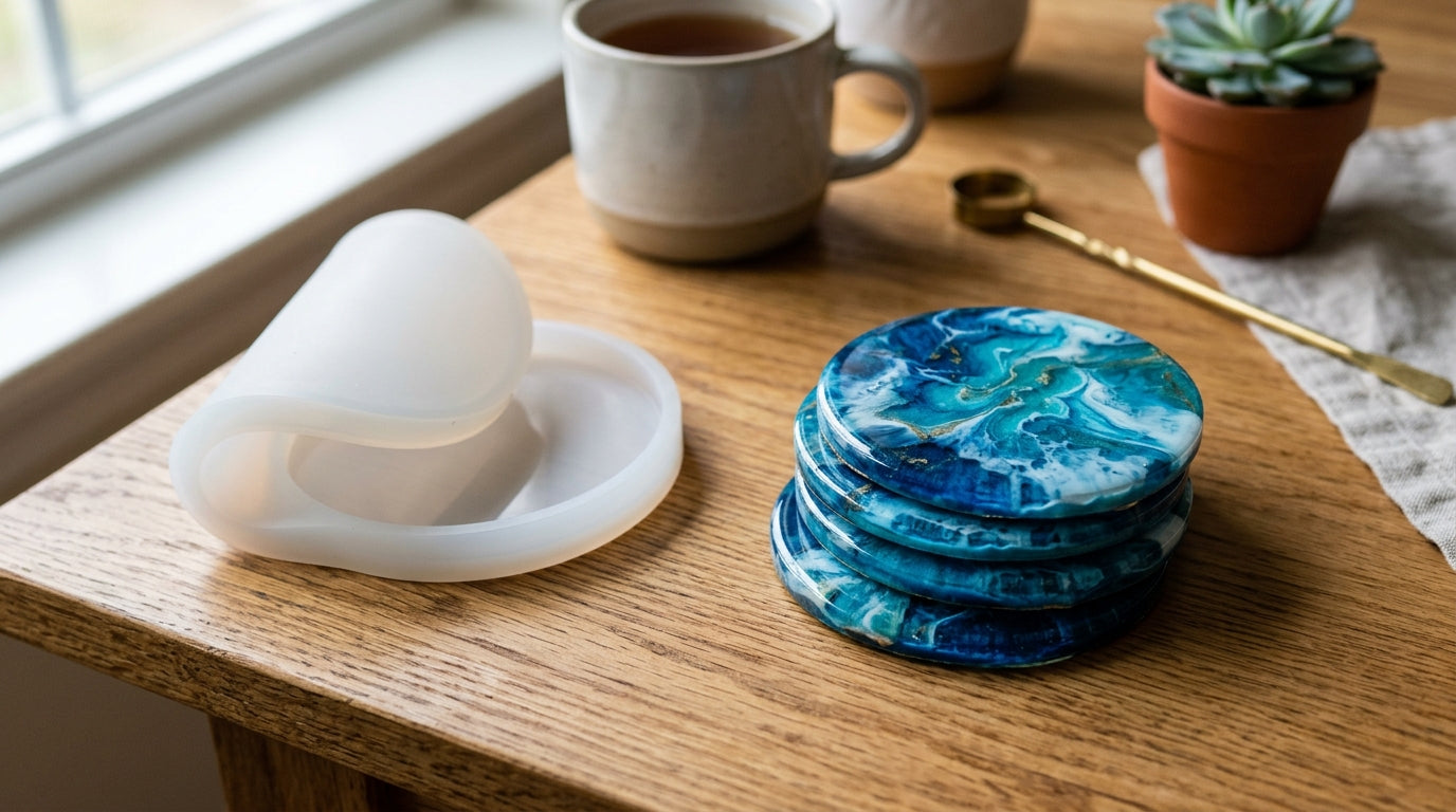 A set of marbled resin coasters beside a soft translucent white silicone coaster mold