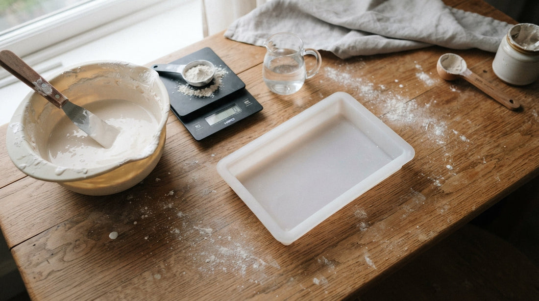 Plaster mixing station with silicone bowl, scale, and a soft silicone mold