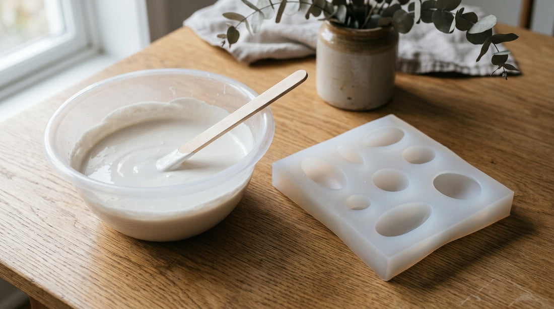 Plaster of Paris mixed to a smooth batter beside a soft translucent white silicone mold