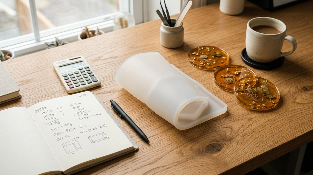 Pricing resin art: finished pieces, notebook and calculator beside a soft translucent white silicone mold