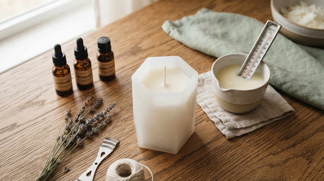 Fragrance and essential oil bottles beside melted wax and a soft translucent white silicone candle mold