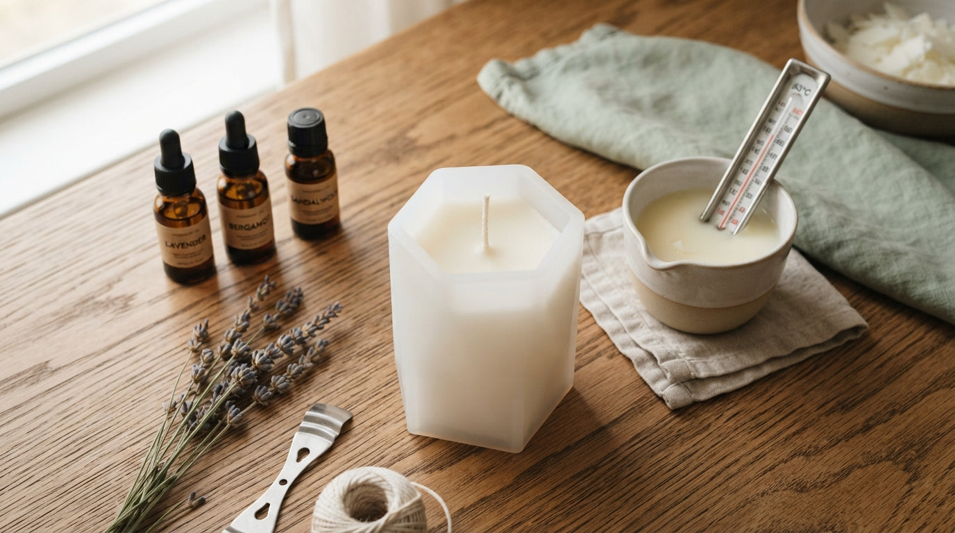 Fragrance and essential oil bottles beside melted wax and a soft translucent white silicone candle mold
