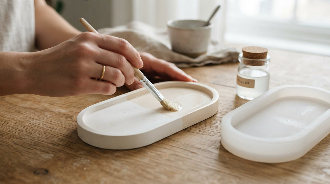 Sealing a white plaster tray with clear sealer beside a soft silicone mold