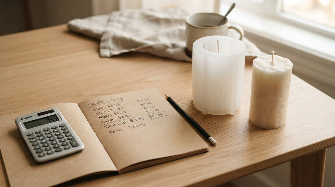 Working out candle costs with a notebook and calculator beside a finished molded candle and a soft silicone mold