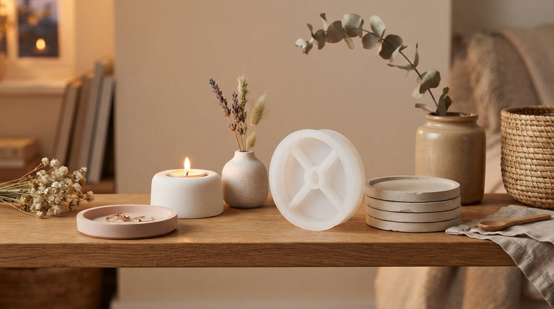 A collection of finished plaster craft projects styled on a shelf