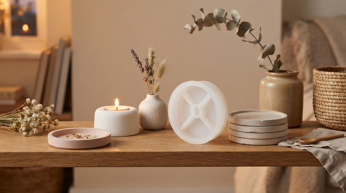 A collection of finished plaster craft projects styled on a shelf