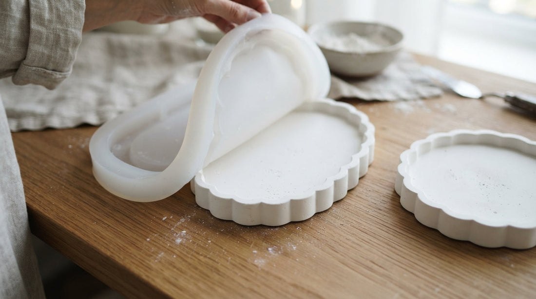 Two white plaster trays demolded from a soft frosted silicone mold on an oak table