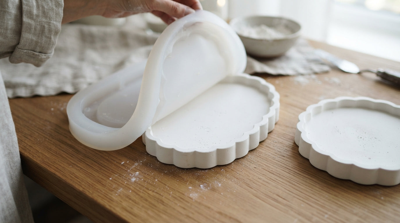 Two white plaster trays demolded from a soft frosted silicone mold on an oak table