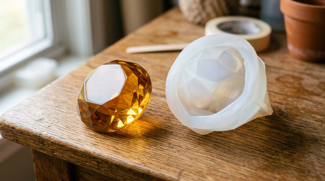 A flawless glossy resin cast beside a soft translucent white silicone mold