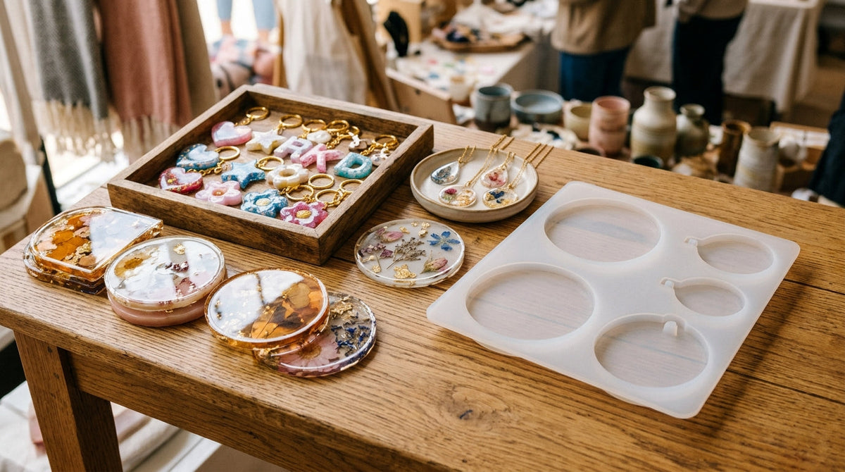 A market display of resin coasters, keychains and jewellery beside a soft translucent white silicone mold