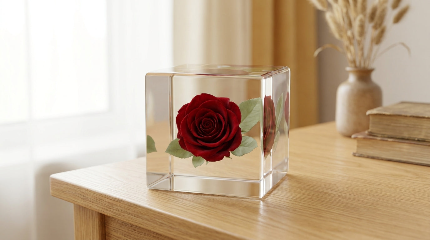 Clear resin paperweight with a preserved red rose suspended inside on a wooden desk
