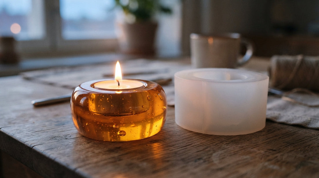 Glowing amber resin tealight holder beside the frosted silicone mold it was cast in