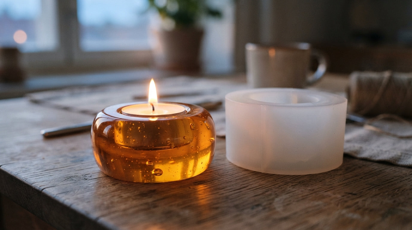 Glowing amber resin tealight holder beside the frosted silicone mold it was cast in