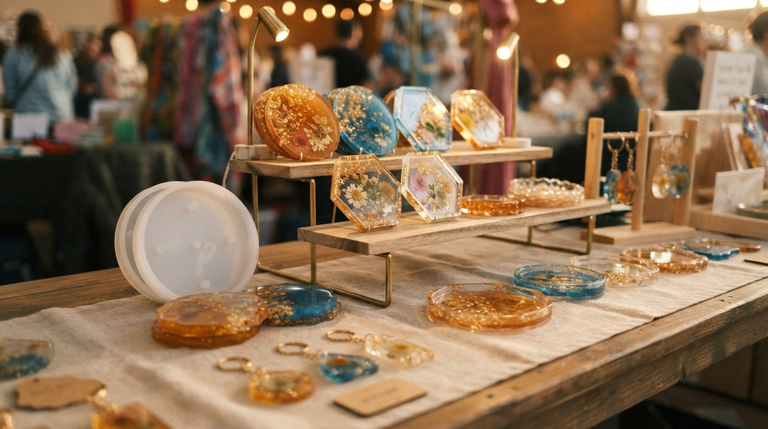 Craft fair table display of resin coasters, trays, and keychains with warm lighting