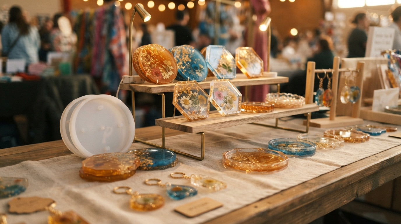 Craft fair table display of resin coasters, trays, and keychains with warm lighting