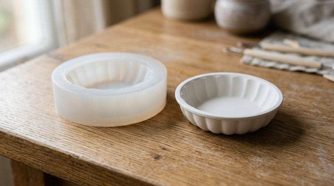 Smooth matte-white plaster cast beside a soft translucent white silicone mold on a craft table