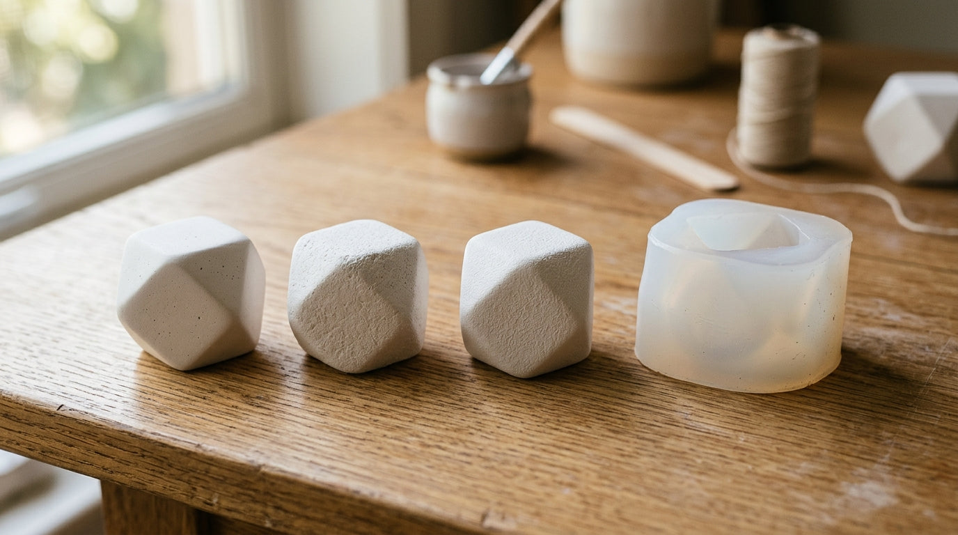 Plaster casts of different types beside a soft translucent white silicone mold on a craft table