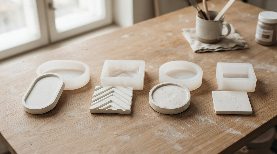 Different plaster craft samples lined up beside soft silicone molds