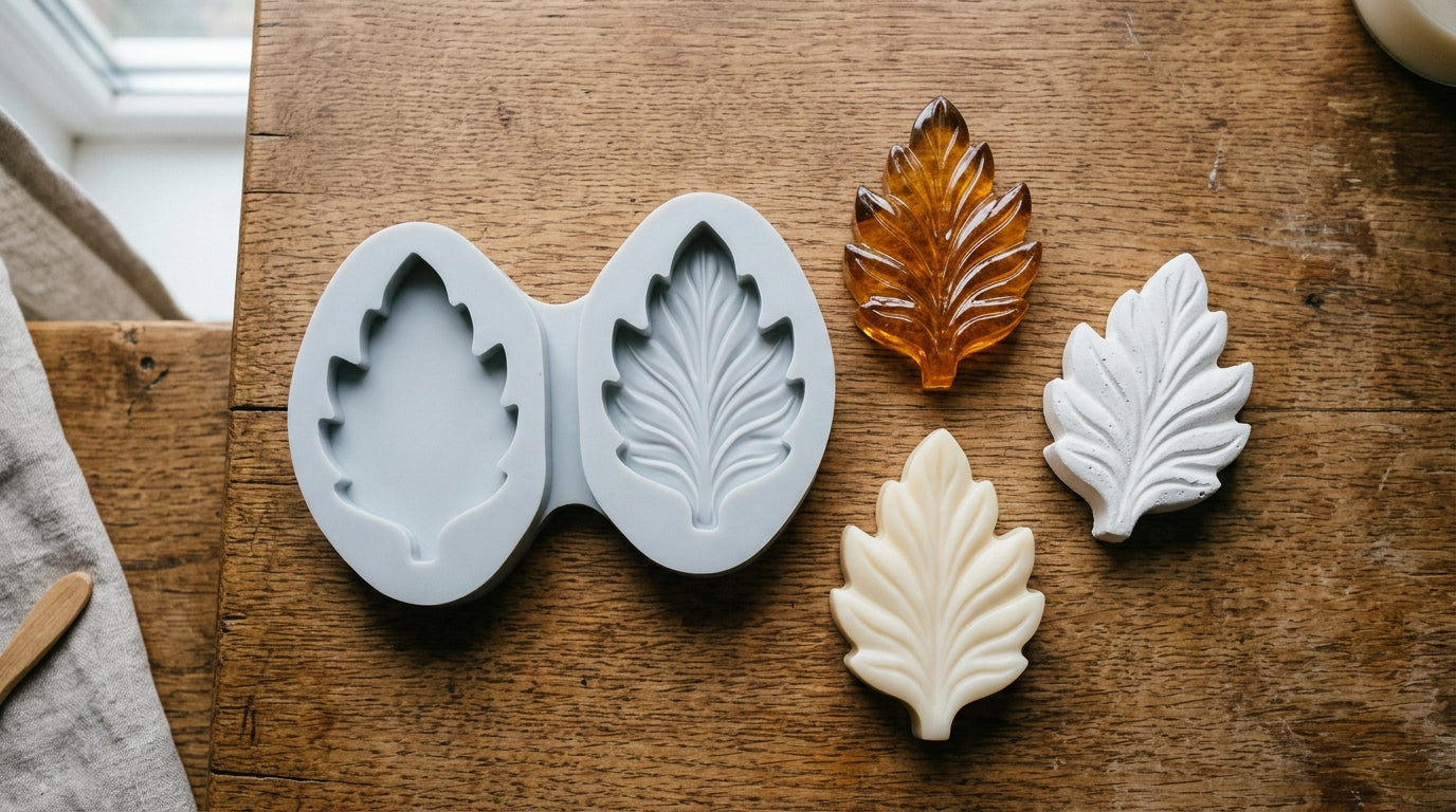 One silicone mold with finished resin, plaster, and candle wax casts beside it