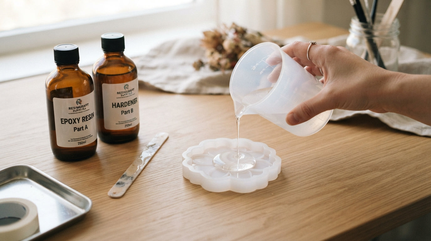 Epoxy resin two-part kit and mixing cup beside a frosted silicone mold being filled