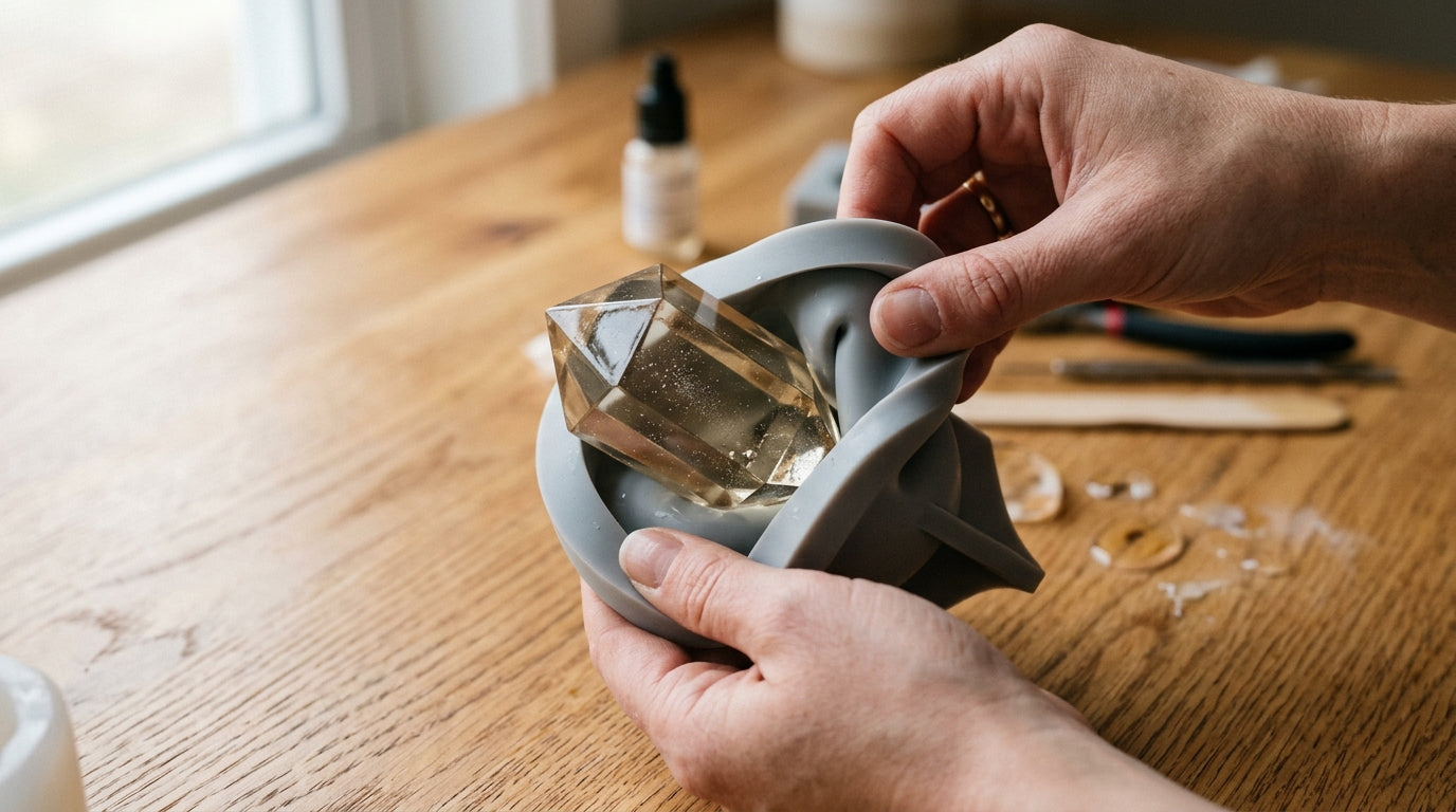 Hands flexing a silicone mold trying to release a stuck clear resin cast