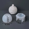 Three translucent white silicone molds shown on a dark gray background with overlaid dimension arrows and labels: a round ornament-shaped mold at top center, a round cup mold at lower left labeled 5.6cm height and 8.