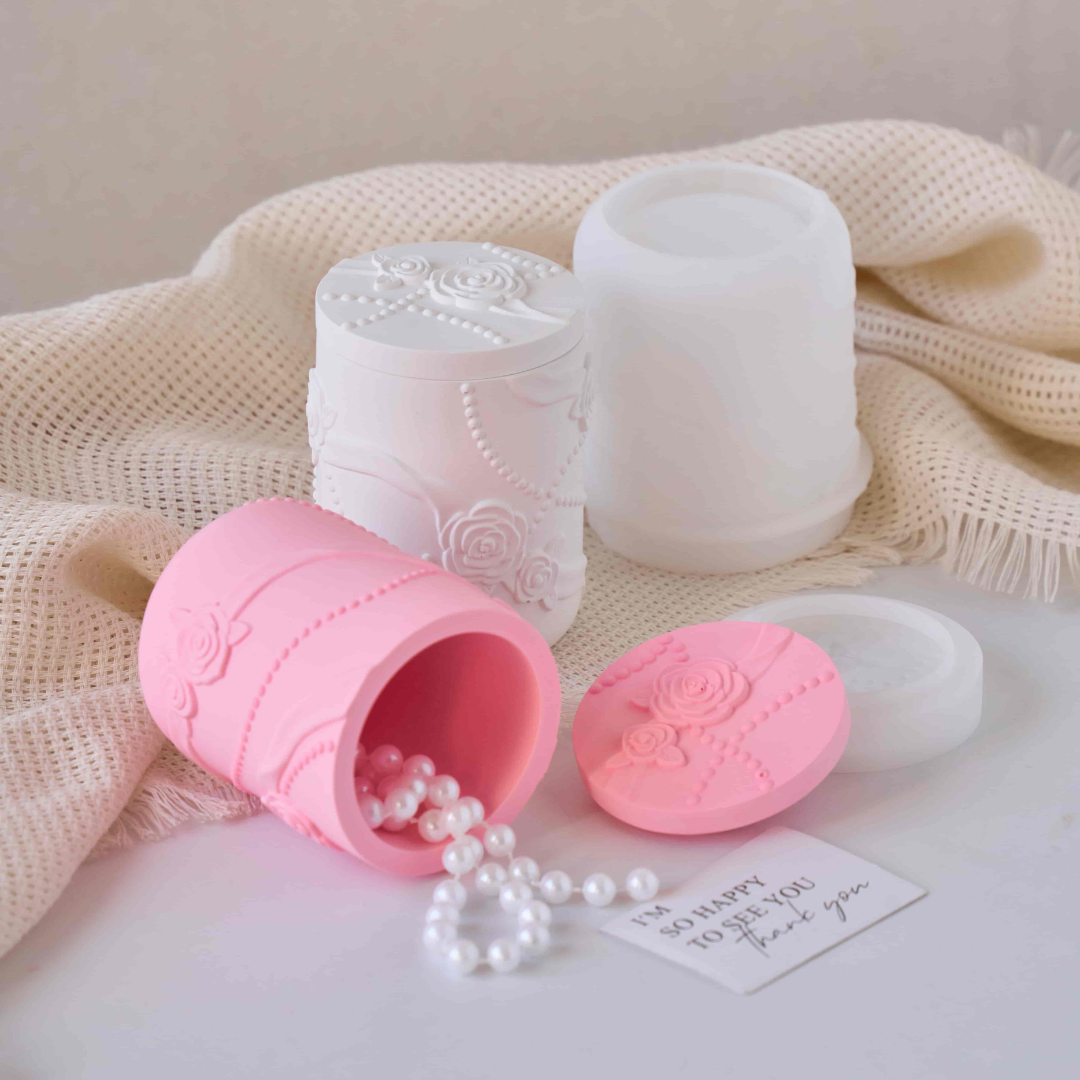 Rose Ribbon Candle Jar Silicone Mold with Lid