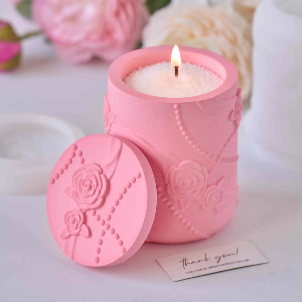 Rose Ribbon Candle Jar Silicone Mold with Lid