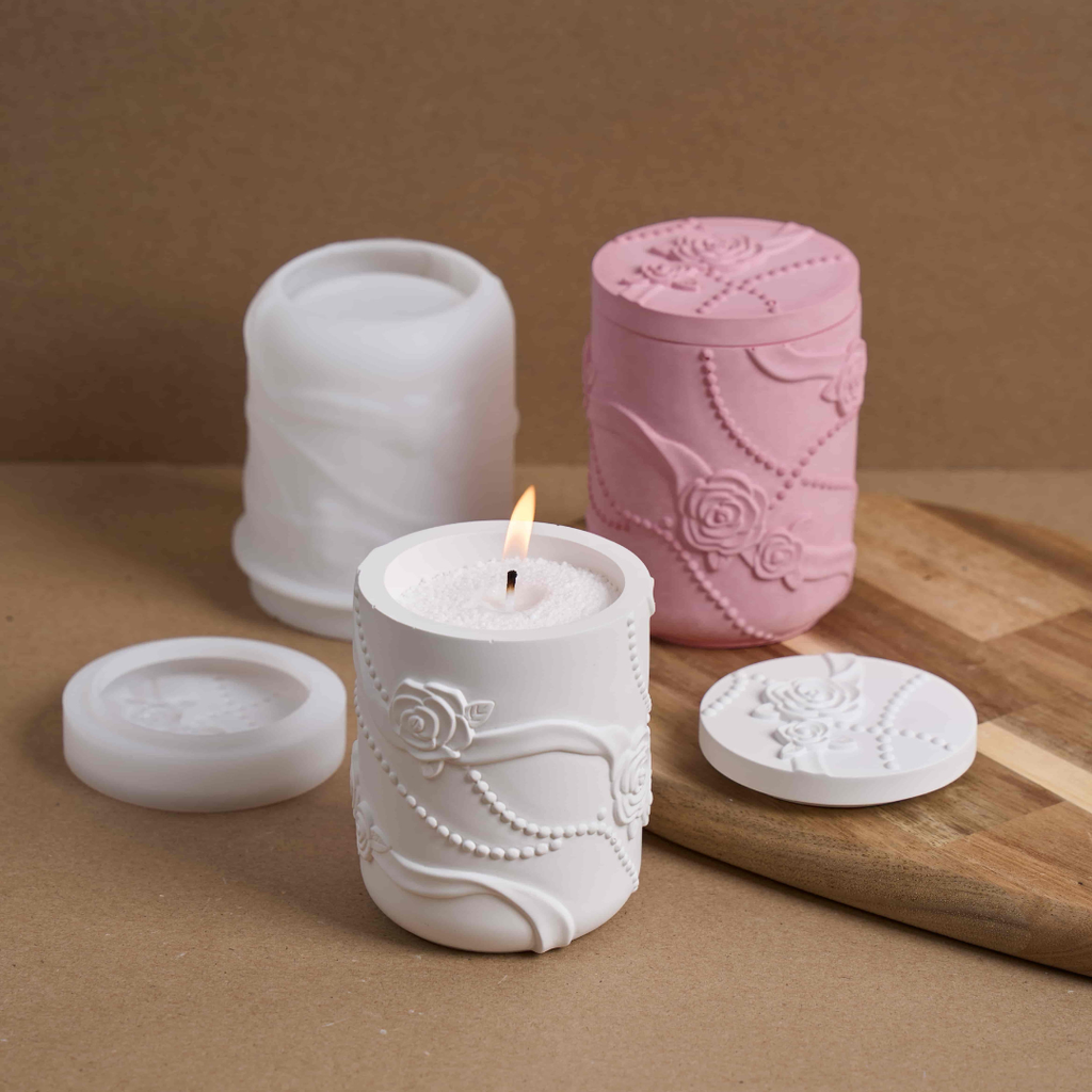 Rose Ribbon Candle Jar Silicone Mold with Lid