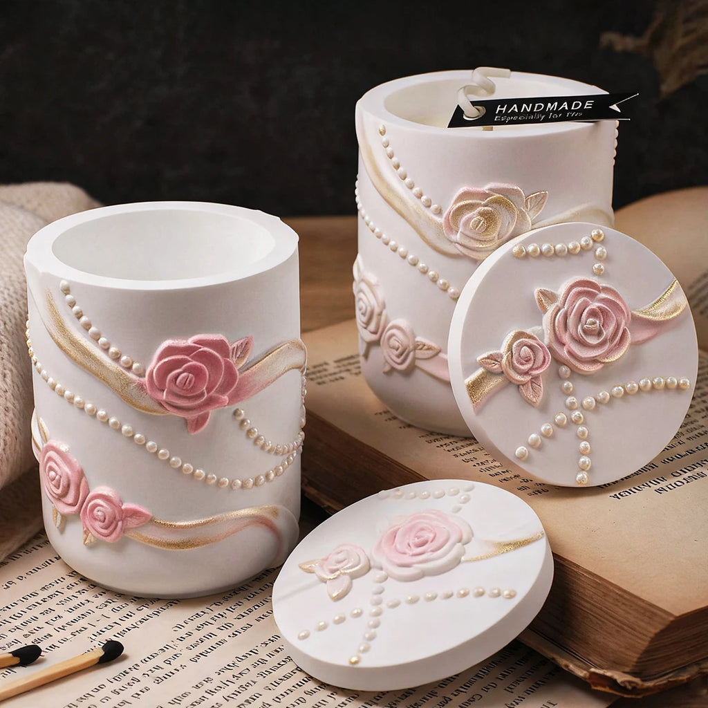 Rose Ribbon Candle Jar Silicone Mold with Lid