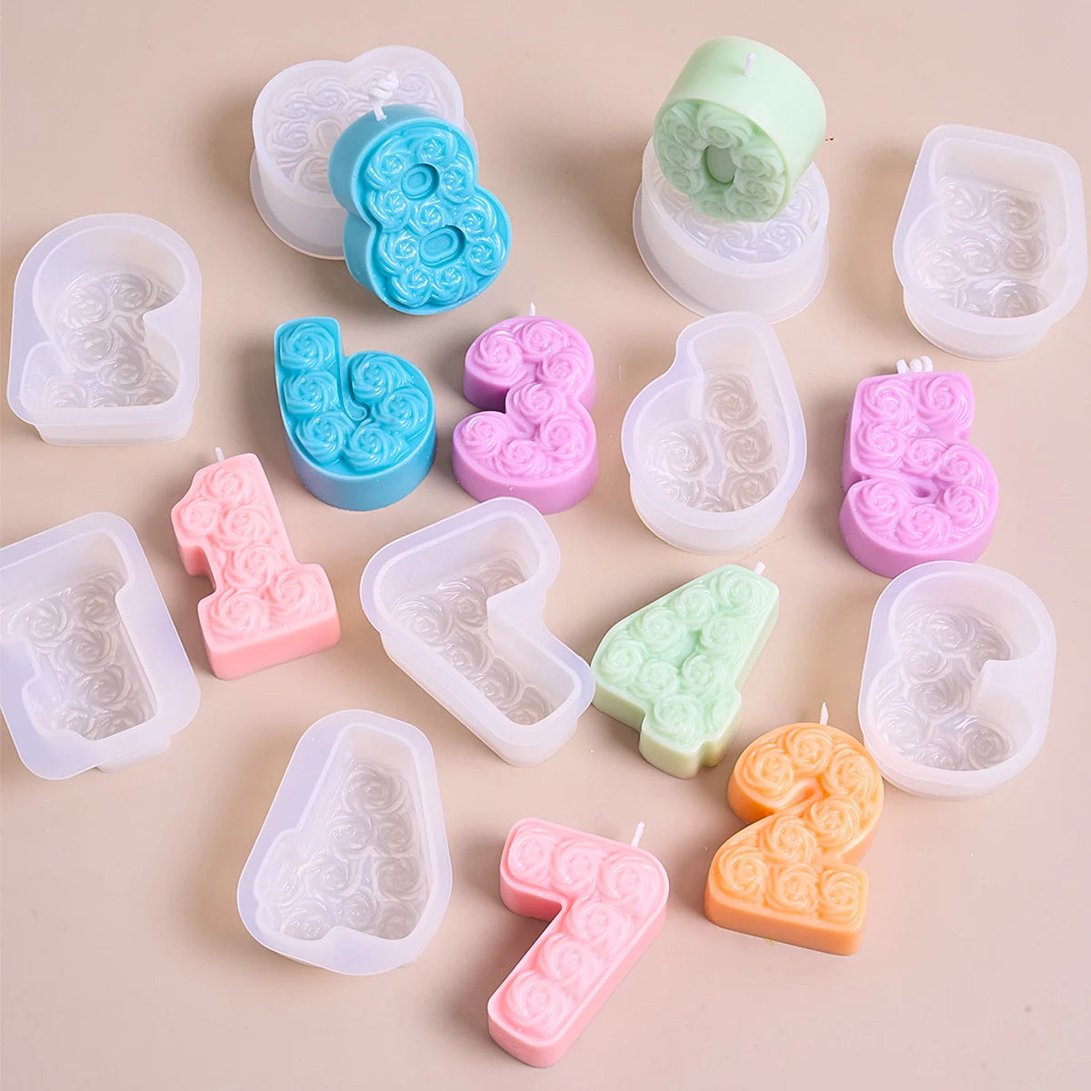 0-8 Relief Rose Number Silicone Candle Mold.