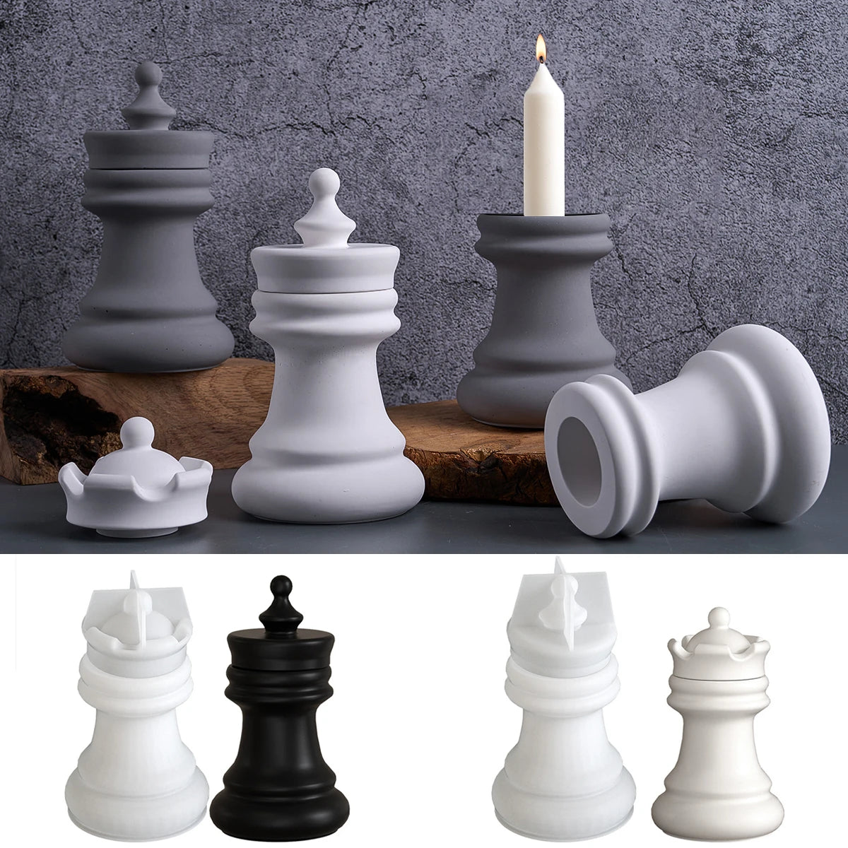 Chess Candle Holder Silicone Mold with Lid.