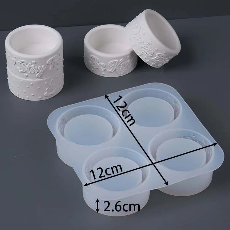 Affirmation Candle Cup Silicone Mold – 4-Cavity Embossed Design Stay True · Dream Big · Be Kind · Peace Sign