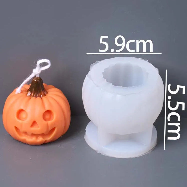 A Halloween-themed product photo showing a small orange jack-o'-lantern ornament with a white hanging string next to a translucent white silicone mold. White text overlays indicate dimensions (5.